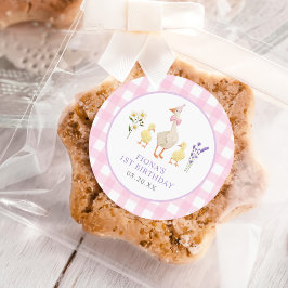 Een Gekke Goose Pink Gingham 1st Birthday Ronde Sticker