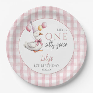 Een Gekke Goose Pink Gingham Balloons Verjaardag Papieren Bordje