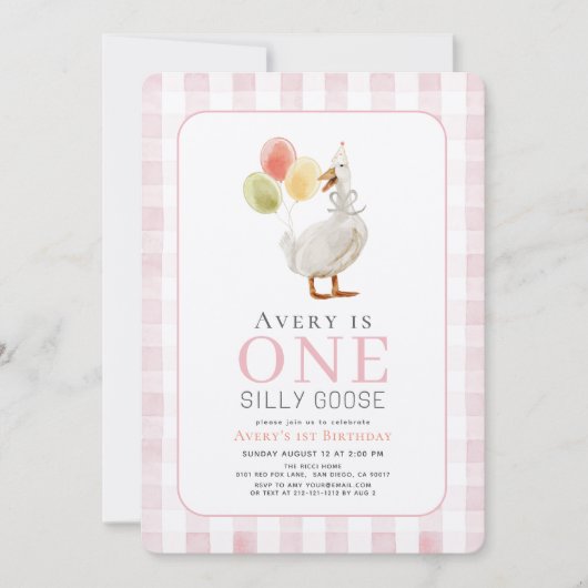 Een Gekke Goose Pink Gingham Girl 1e verjaardag Kaart (Voorkant)