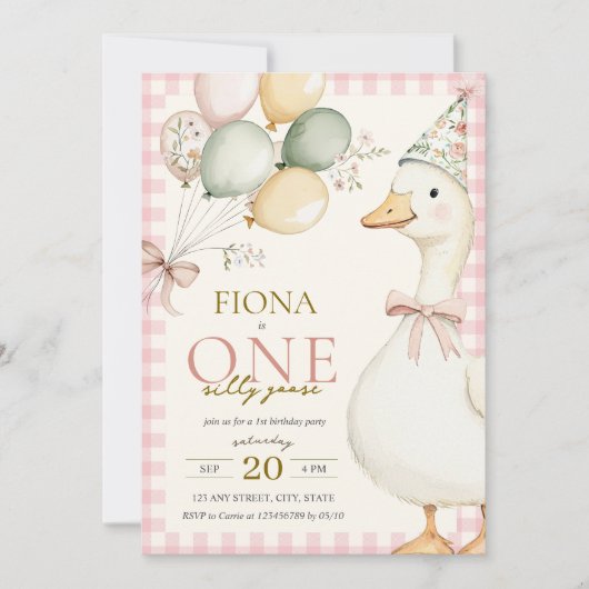 Een Gekke Goose Pink Gingham Girl's 1e verjaardag Kaart (Voorkant)