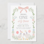 Een Gekke Goose Roze Bloemen 1e Verjaardag Kaart (Voorkant)