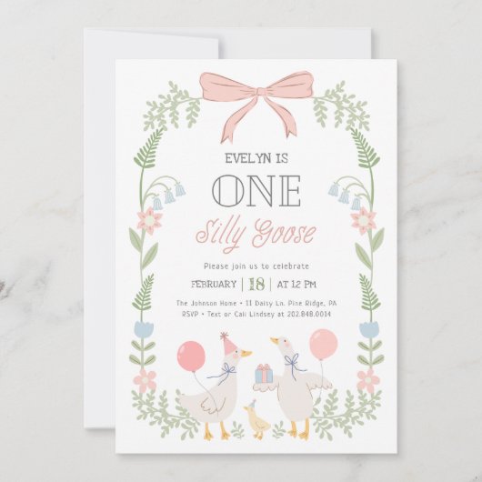 Een Gekke Goose Roze Bloemen 1e Verjaardag Kaart (Voorkant)