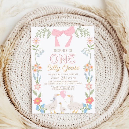 Een Gekke Goose Roze Bloemen 1e Verjaardag Kaart