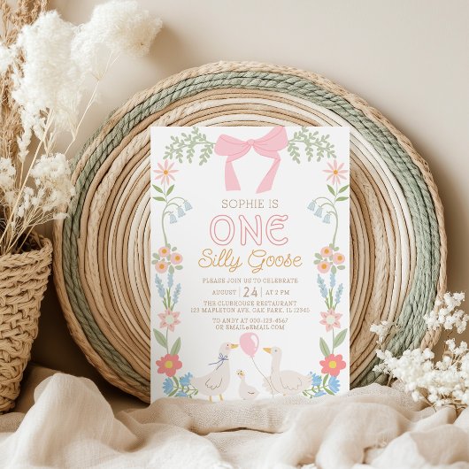 Een Gekke Goose Roze Bloemen 1e Verjaardag Kaart