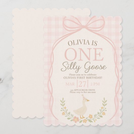 Een Gekke Goose Roze Bow Bloemen 1e Verjaardag Kaart (Voorkant / Achterkant)