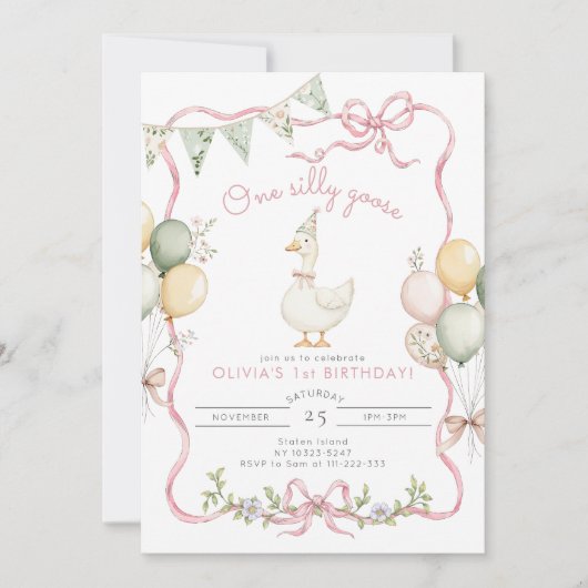 Een Gekke Goose Roze Meisje 1e Verjaardag Kaart (Voorkant)