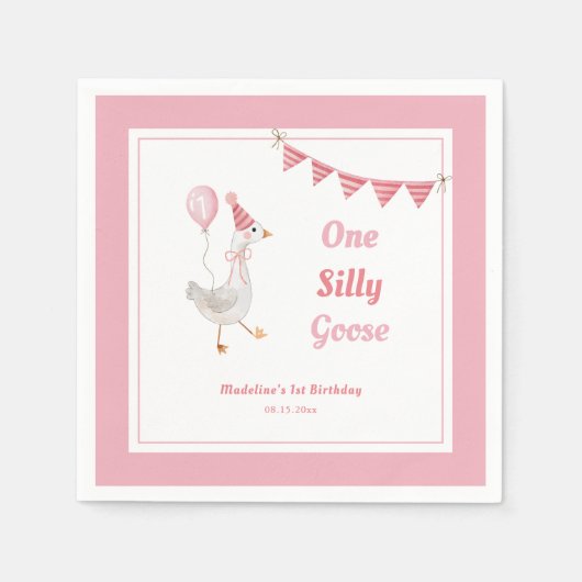Een Gekke Goose Roze Meisje 1e Verjaardag Servet (Voorkant)