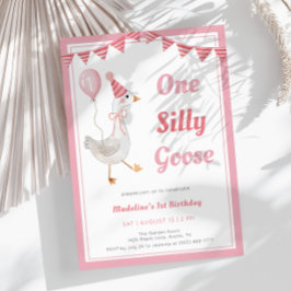 Een Gekke Goose Roze Meisje 1e Verjaardag Uitnodig Kaart