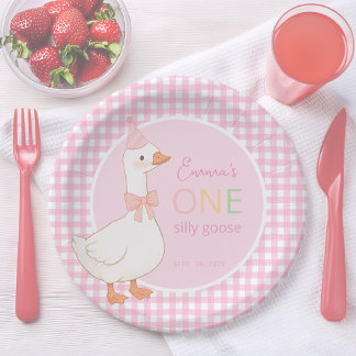 Een Gekke Goose Roze Meisje Eerste Verjaardag Part Papieren Bordje