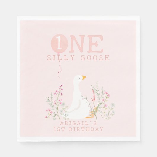 Een Gekke Goose Roze Meisjes 1e Verjaardag Servet (Voorkant)
