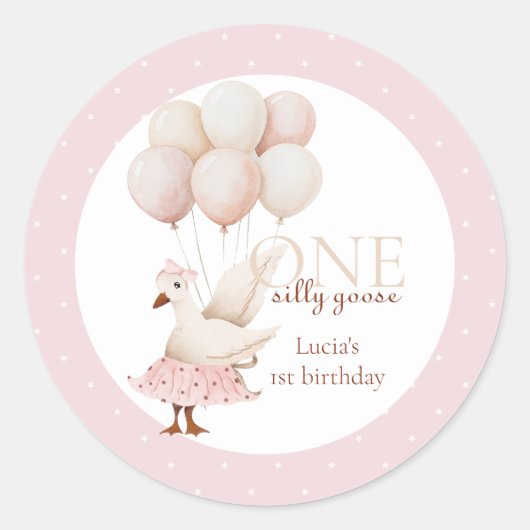 Een Gekke Goose Roze Pastel 1e Verjaardag Ronde Sticker (Voorkant)