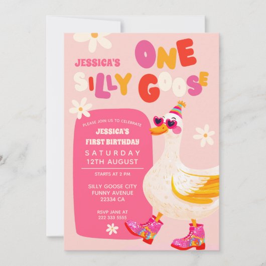 Een Gekke Goose Roze Retro Kinder Eerste Verjaarda Kaart (Voorkant)