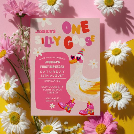 Een Gekke Goose Roze Retro Kinder Eerste Verjaarda Kaart