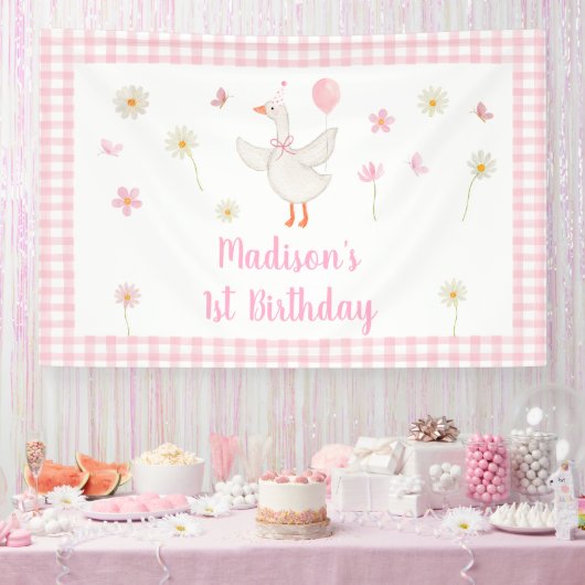 Een Gekke Goose Spring Pink Daisy eerste verjaarda Spandoek (Feest)