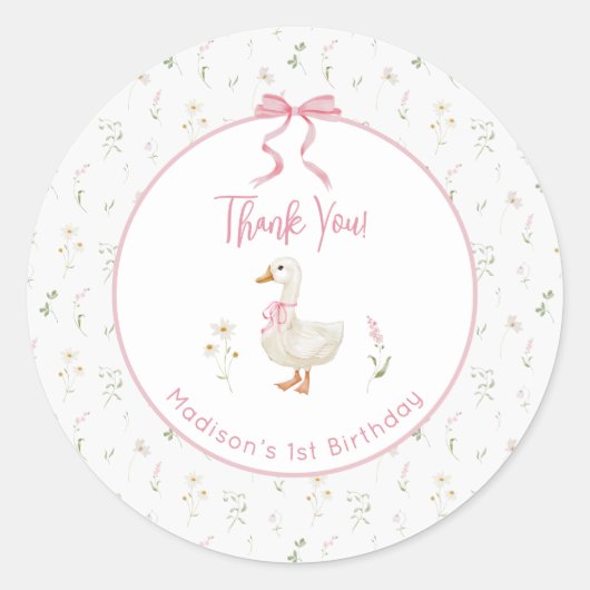 Een Gekke Goose Wildflower Pink Bow 1e verjaardag Ronde Sticker (Voorkant)