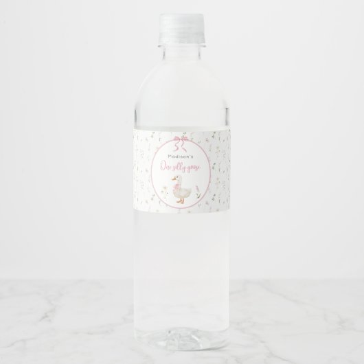 Een Gekke Goose Wildflower Pink Bow 1e verjaardag Waterfles Etiket (Voorkant)