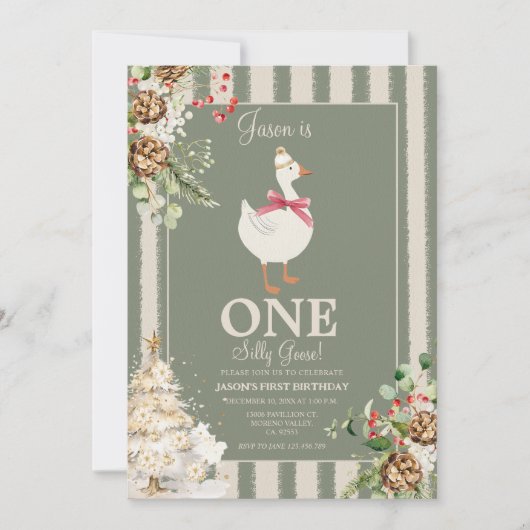 Een Gekke Goose Winter Greenery Pine 1st Birthday Kaart (Voorkant)