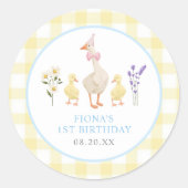 Een Gekke Goose Yellow Gingham 1e verjaardag Ronde Sticker (Voorkant)