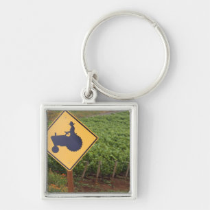 Een gele bord met een tractor die een wijngaard kr sleutelhanger