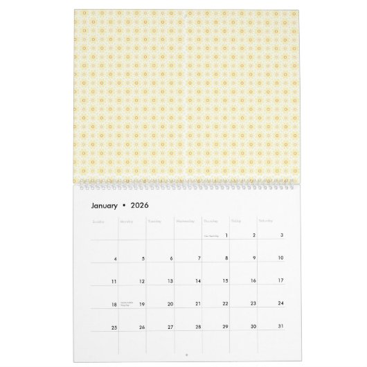 Een gele en witte achtergrond met kleine cirkels kalender (Jan 2026)