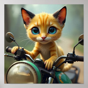 Een gele kat met zwarte oren en grote blauwe ogen poster