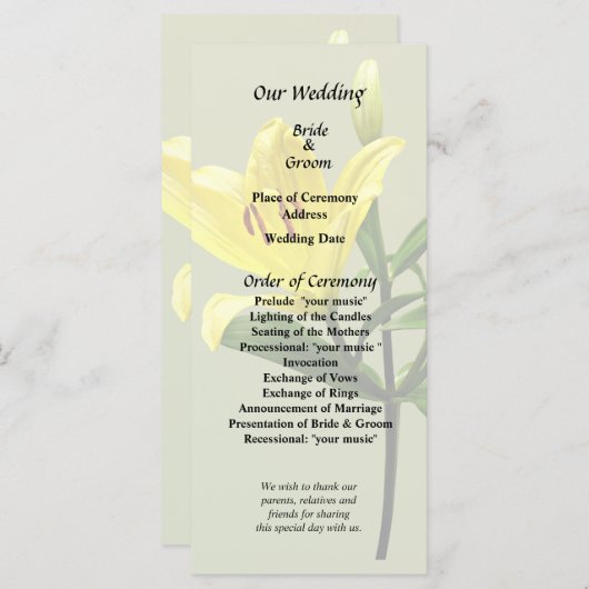 Eén gele Lily Programmakaart (Voorkant / Achterkant)