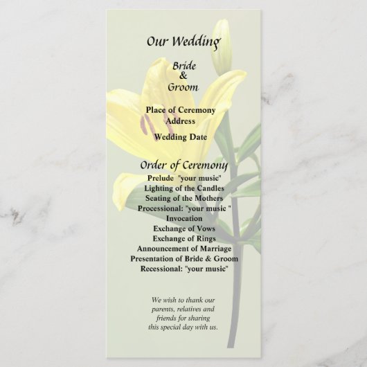 Eén gele Lily Programmakaart (Voorkant)