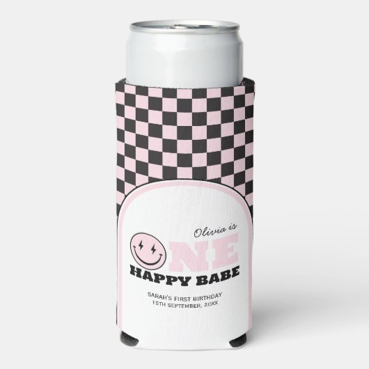 Een gelukkig Babe Meisjes Roze 1e Verjaardag Seltzer Blikjeskoeler (Seltzer Voorkant)