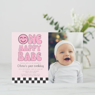 Eén Gelukkig Baby Gelukkig Gezicht Roze Foto Kaart