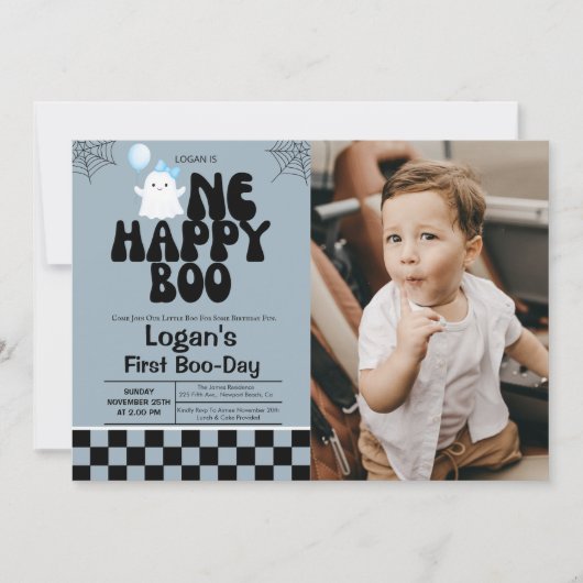 Eén Gelukkig Boo Fall Boy 1e Verjaardagsfeest Foto Kaart (Voorkant)