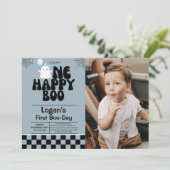 Eén Gelukkig Boo Fall Boy 1e Verjaardagsfeest Foto Kaart (Staand voorkant)