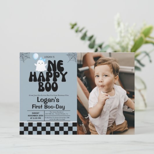 Eén Gelukkig Boo Fall Boy 1e Verjaardagsfeest Foto Kaart (Staand voorkant)
