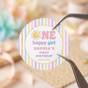 Eén Gelukkig Meisje 1e Verjaardag Zonneschijn Ronde Sticker