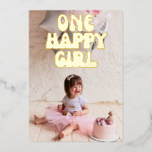 Een gelukkig meisje aangepaste foto 1e verjaardag  folie uitnodiging (Voorkant)