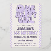 Een gelukkig meisje aangepaste foto 1e verjaardag  folie uitnodiging (Achterkant)