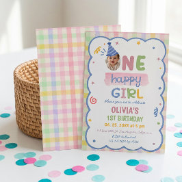 Eén gelukkig meisje Pastel Gingham verjaardagsuitn Kaart