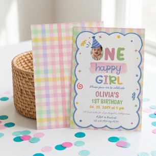 Eén gelukkig meisje Pastel Gingham verjaardagsuitn Kaart