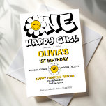 Een gelukkig meisje retro daisy 1e verjaardagsfees kaart<br><div class="desc">Een blij meisje retro daisy 1e verjaardagsfeest uitnodiging sjabloon,  meisje 1e verjaardagsfeest uitnodigingen,  retro groovy daisy party,  zwart wit en geel retro party thema,  retro checkers,  hippie verjaardagsfeest uitnodigingen</div>