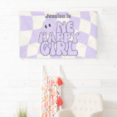 Een gelukkig meisje Retro Pink 1's verjaardagsfees Spandoek (Insitu)