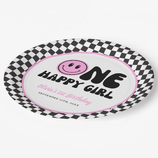 Een gelukkig meisje roze Happy Face Verjaardag Papieren Bordje (Gekanteld)