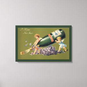 Een Gelukkig Nieuwjaar,  Angels met Champagne Canvas Afdruk