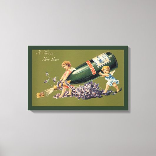 Een Gelukkig Nieuwjaar,  Angels met Champagne Canvas Afdruk (Voorkant)