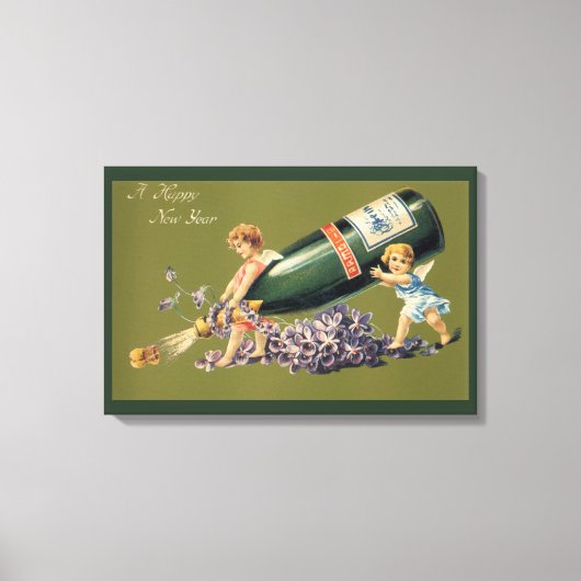 Een Gelukkig Nieuwjaar,  Angels met Champagne Canvas Afdruk (Voorkant)