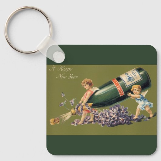 Een Gelukkig Nieuwjaar,  Angels met Champagne Sleutelhanger (Voorkant)