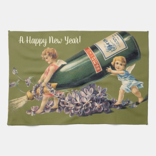 Een Gelukkig Nieuwjaar,  Angels met Champagne Theedoek (Horizontaal)
