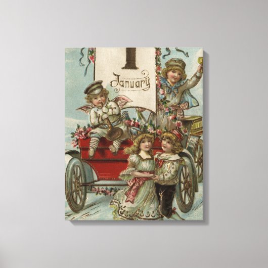 Een gelukkig nieuwjaarKinderen rond een Rode Wagon Canvas Afdruk (Voorkant)