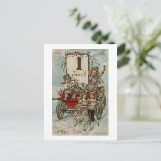 Een gelukkig nieuwjaarKinderen rond een Rode Wagon Feestdagenkaart (Staand voorkant)