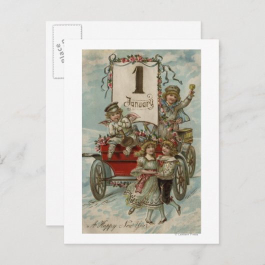 Een gelukkig nieuwjaarKinderen rond een Rode Wagon Feestdagenkaart (Voorkant / Achterkant)