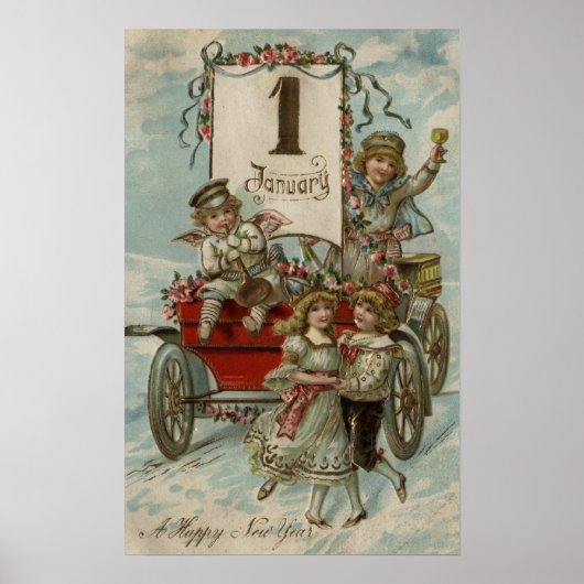 Een gelukkig nieuwjaarKinderen rond een Rode Wagon Poster (Voorkant)