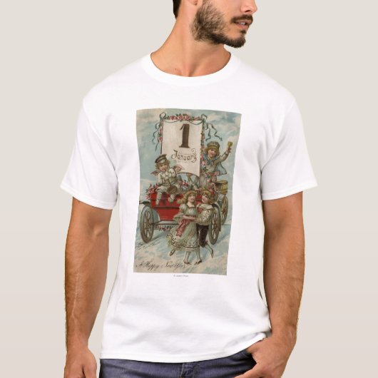 Een gelukkig nieuwjaarKinderen rond een Rode Wagon T-shirt (Voorkant)